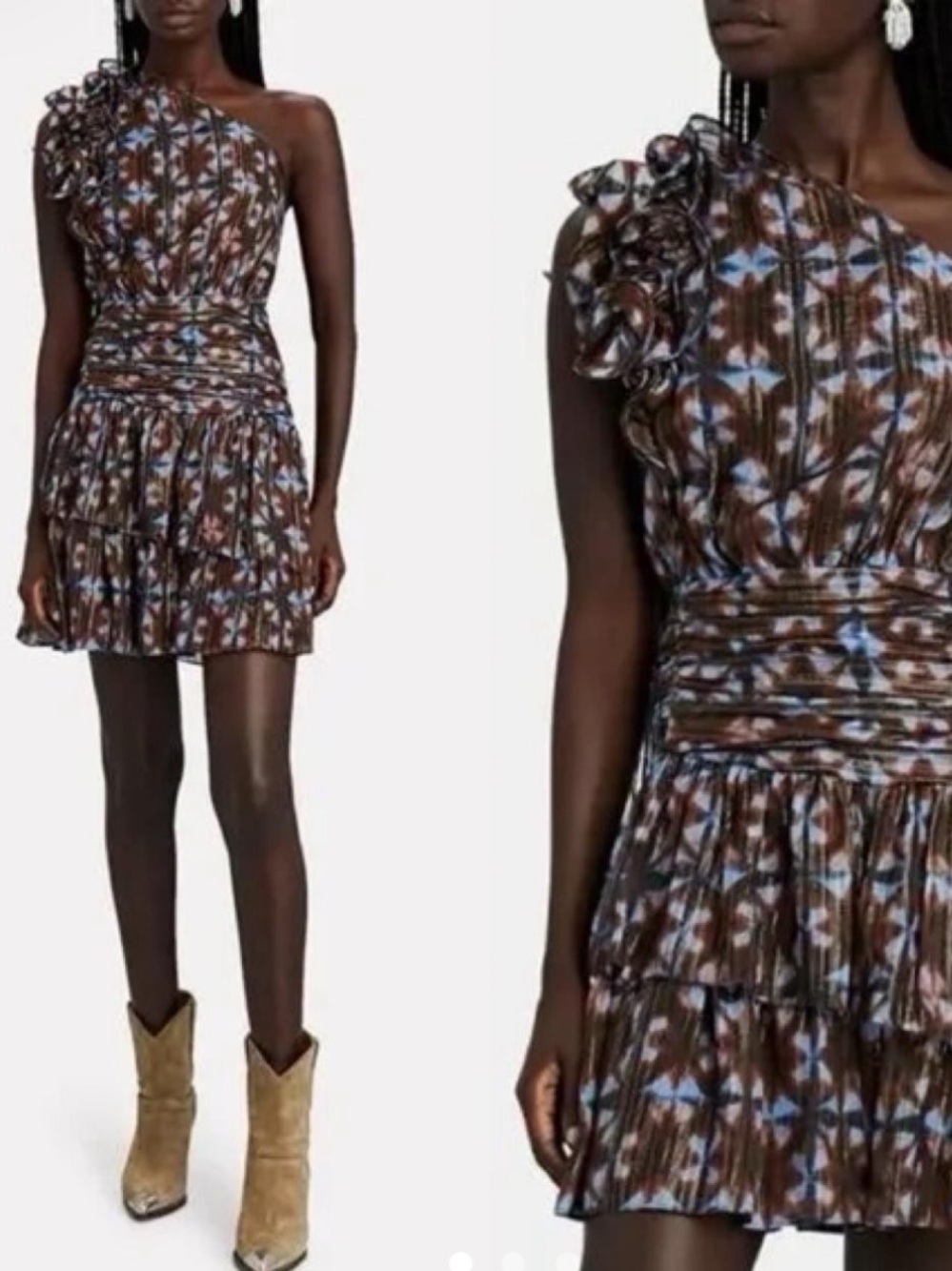 Ulla Johnson One-Shoulder Floral Mini Dress in Brown & Blue